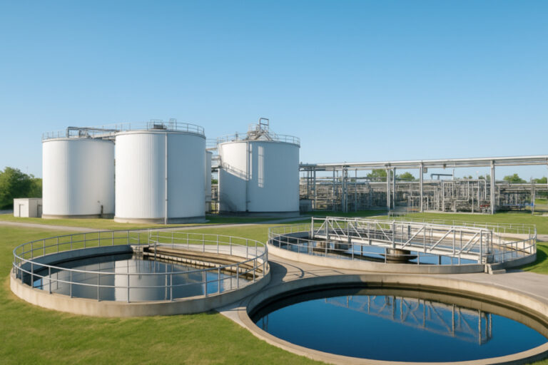 Chemical industry wastewater treatment plant with sedimentation tanks and stainless steel piping infrastructure.