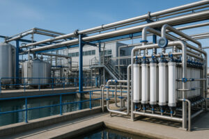 Industrial wastewater treatment technologies in use at a modern facility with membrane systems, sedimentation tanks, and digital monitoring.